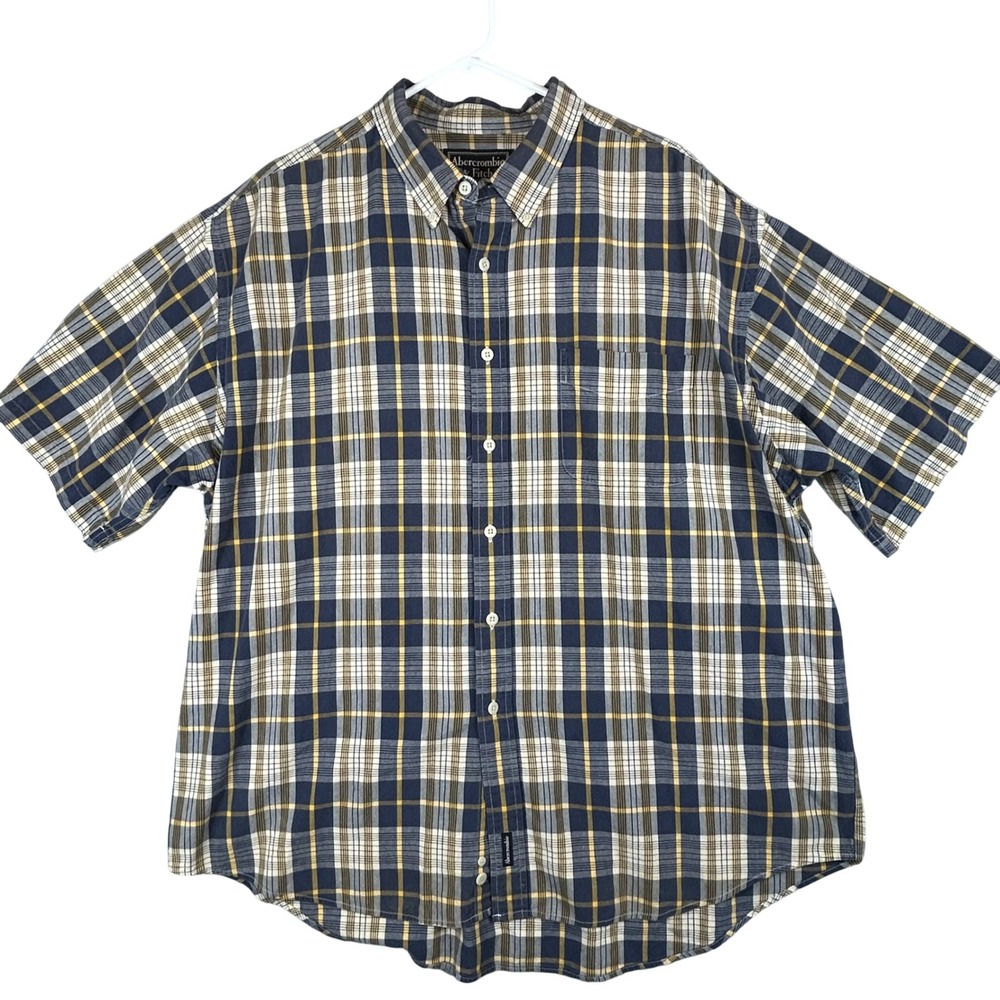 Abercrombie & Fitch Mens XL Plaid Short Sleeve Button Down Shirt Navy Yellow